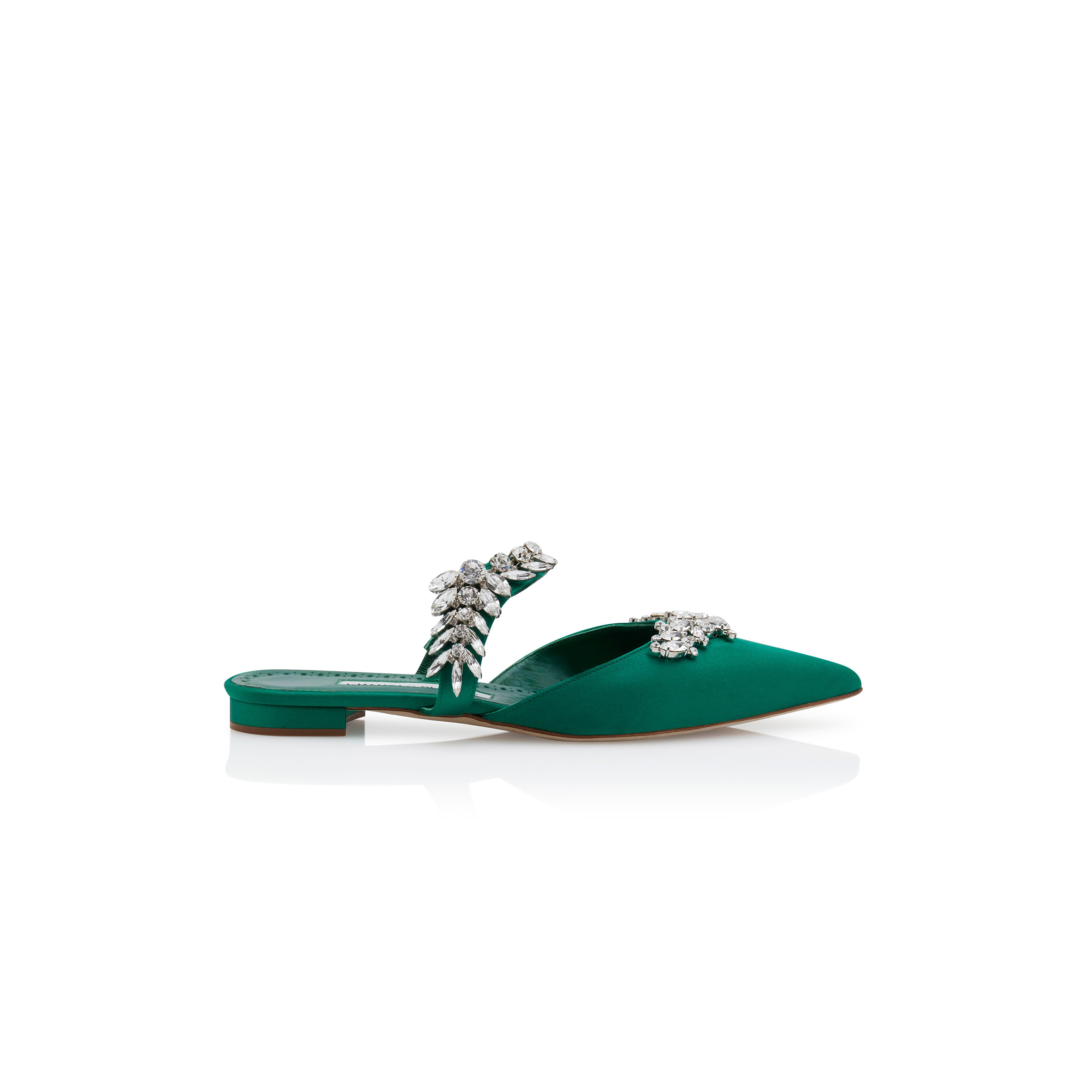 MANOLO BLAHNIK LURUMFLATUS GREEN SATIN CRYSTAL EMBELLISHED FLAT MULES 122-1947-0001